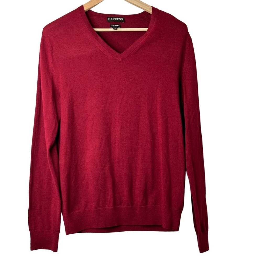 Express Merino Wool Blend Mens Sweater V Neck Red Size Large Preppy Classic